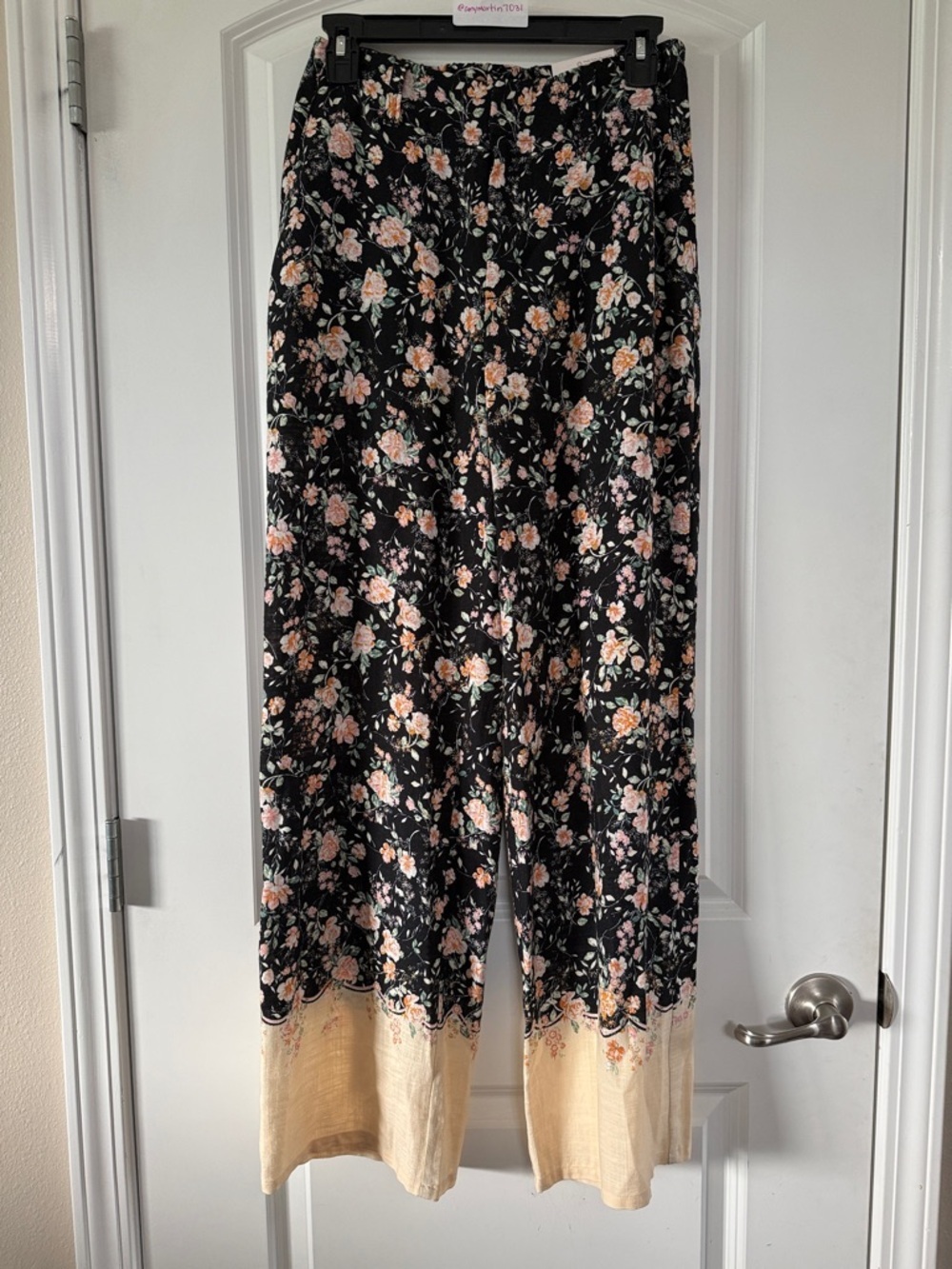 LC Lauren Conrad Black Linen Blend Floral Wide Leg Pants with Cream Hem, Size 2